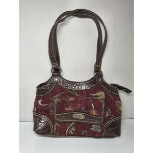 Vintage Y2K Maroon Burgundy Floral Tapestry Hobo Bag Purse Satchel Carpetbag